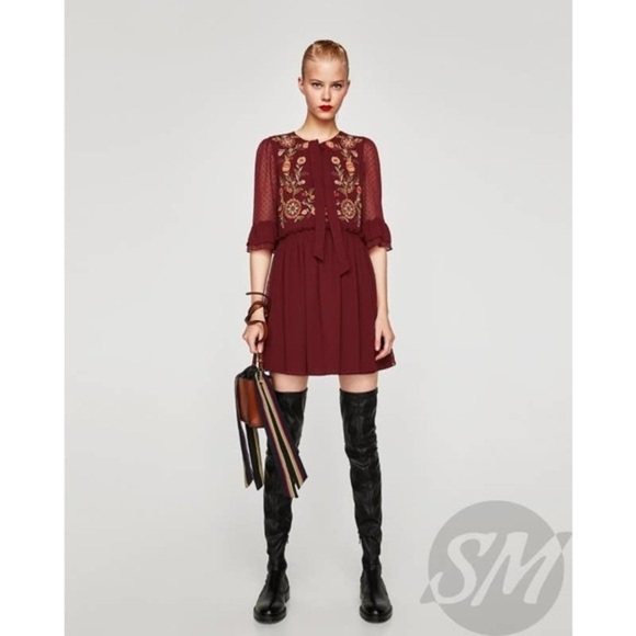 Zara Dresses & Skirts - Zara Trafaluc Burgandy Swiss Dot Dress Size Small